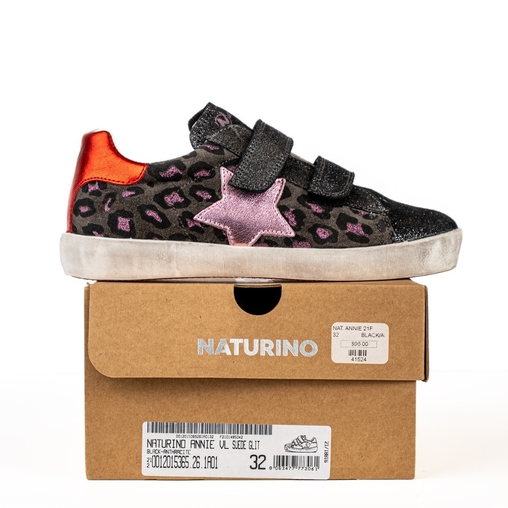 NWT Naturino Kids' Sneakers Pink Star Black Leopard Print Leather Glitter EU32